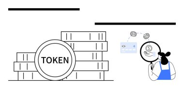 Finansal işlemleri inceleyen kişi bir büyüteç kullanarak, jetonlu destelerle. Engelleme zinciri, kripto para birimi, finans, güvenlik, analiz, teknoloji yatırım kavramları için ideal. Düz çizgi