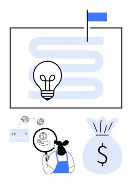 Bayrağa dolambaçlı yolda ampul, büyüteç kullanan kişi belgelerde doları, büyük para çantasını inceliyor. Ticari planlama, mali büyüme, yenilik stratejisi ve yatırım için ideal