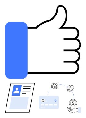 Large thumbs-up sign, ID card profile, credit card, coins, and hand holding cash. Ideal for financial approvals, identity verification, transactions, fintech endorsements user satisfaction online clipart