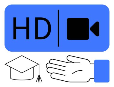 Mezuniyet şapkası ve elinin yanında HD video simgesi. Çevrimiçi eğitim, video dersleri, e-öğrenme, dijital sınıflar, akademik başarı, öğrenme teknolojisi ve öğretici videolar için ideal. Çizgi