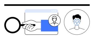 Elde büyüteç, avatarlı ağ penceresi, yüz tarama çizgileri. Yapay zeka, biyometri, güvenlik, teknik kimlik, siber yönetim, dijital yenilik soyut çizgi düz metaforu için ideal