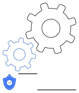 Altında bir güvenlik kalkanı simgesi olan birbirine kenetlenmiş iki dişli sistem işlemleri, siber güvenlik ve operasyonel güvenilirlik öneriyor. Mühendislik, bilişim, siber güvenlik, takım çalışması, sistem entegrasyonu için ideal