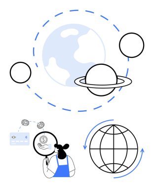 Dünyanın merkezinde yörüngede dönen gezegenler, büyüteçle para sembolünü, kredi kartını, oklu küreyi inceleyen kişi dairesel hareketi işaret ediyor. Küresel finans, ekonomi ve teknoloji için ideal