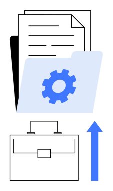 Dişli simgesi, belge, evrak çantası, yukarı doğru ok, organizasyonu, verimliliği, iş akışını ve büyümeyi simgeliyor. İş süreçleri ve veri depolama iş akışı teknolojisi verimliliği için ideal