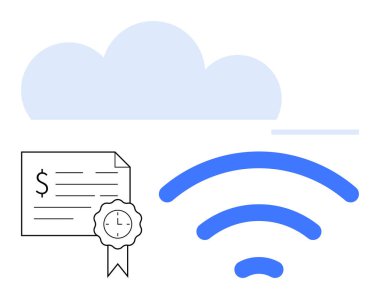 Bulut simgesi, kablosuz bağlantı sembolü ve sertifika rozetli finansal belge. Bulut hizmetleri, dijital finans, bağlantı çözümleri, çevrimiçi sertifika, uzaktan çalışma için ideal