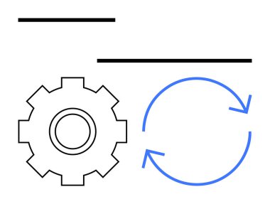 Mekanik ve sistemler için vites mavi dairesel ok döngüsüyle eşleştirildi. Otomasyon, yenilik, takım çalışması, verimlilik, süreçler, sürdürülebilirlik, soyut düz metafor için ideal