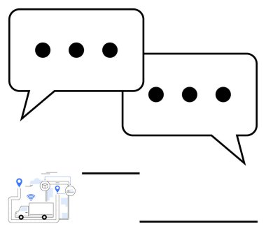 Teslimat kamyonunun yanında konuşma baloncukları, harita tabanlı izleme, güzergah planlama görselleri. İdeal mesajlaşma, lojistik, teknoloji, akıllı sistemler, ağ oluşturma, küresel
