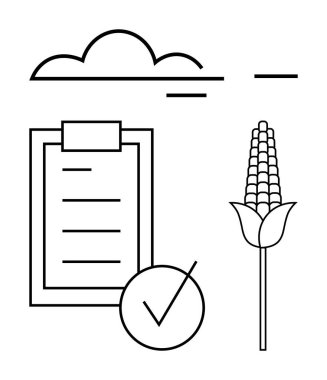 Kontrol listesinin yanında mısır mahsulü ve bulutun altında onay kenesi. Tarım, tarım, mahsul denetimi, organik sertifika, gıda güvenliği, kalite kontrolü ve sürdürülebilirlik için idealdir. Soyut