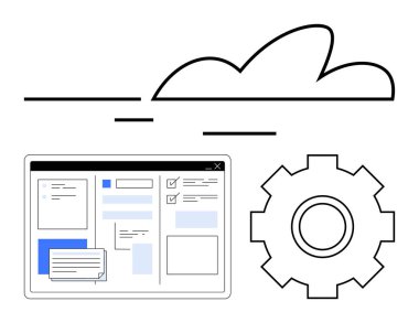 Kontrol paneli arayüzü, teçhizat ve bulut elemanları yazılım, iş akışı otomasyonu ve bulut teknolojilerini tasvir eder. Teknoloji, bulut yeniliği, otomasyon, dijital araçlar verimliliği için ideal