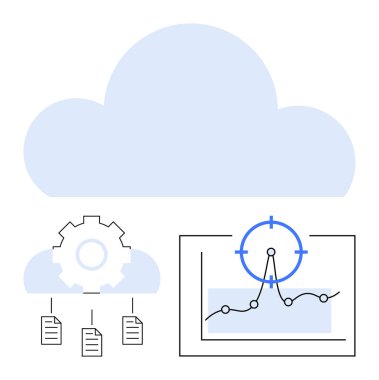 Belge akışı, mavi bulut ve ekranda hedefi olan bir harita. Teknoloji, bulut depolama, veri yönetimi, analitik, takım çalışması, yenilik soyut çizgi düz metaforu için ideal