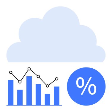 Çubuk grafiğinin üzerindeki bulut simgesi ve veri depolama, analiz ve performans ölçümlerini temsil eden yüzde işareti. Teknoloji endüstrisi, veri bilimi, bulut hesaplaması, finans, iş analizi için ideal
