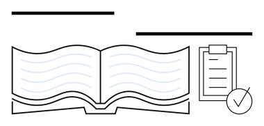 Dalgalı çizgilerle açık bir kitap ve işaretli bir kontrol listesi içeren bir pano. Eğitim, öğrenim, organizasyon, görev yönetimi, planlama, başarı ve soyut düz çizgi için ideal
