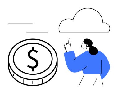 Mavi gömlekli kadın, büyük paraların yanındaki bulutu işaret ediyor. Finans kavramları, bulut teknolojisi, dijital bankacılık, çevrimiçi tasarruflar, yatırımlar, fintech, soyut çizgi düz metaforu için ideal