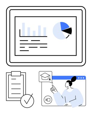 Grafikli tablet, pano ve işaretli, online öğrenci mezuniyet simgesini işaret ediyor. Eğitim, analitik, çevrimiçi öğrenme, üretkenlik, görevler, başarı soyut çizgi düz metaforu için idealdir