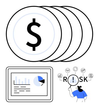 Birikmiş bozuk paralar, tablet üzerindeki veri tabloları, ikonlarla Risk kavramını inceleyen kişi. Finans, yatırım, analiz, karar verme, strateji, ekonomi için ideal düz çizgi metaforu