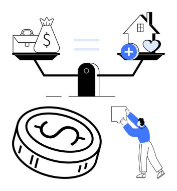 Para ve evin dengelenmesi, madeni para ve insan yerleştirme bloğu zenginlik ve refah dengesini vurguluyor. Finansal planlama, iş hayatı dengesi, gayrimenkul, kişisel finans, zihinsel