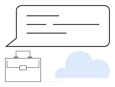 Metin satırları, basit evrak çantası ikonu ve açık mavi bulutlu büyük bir konuşma balonu. İş iletişimi, takım çalışması, bulut hesaplama, mesajlaşma, dijital iş akışı, uzaktan çalışma için ideal