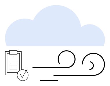 Soluk mavi bulut, işaretli pano, ve siyah girdap çizgileri bulut depolamayı, görev planlamasını, veri işlemeyi, takım çalışmasını, üretkenliği, ekolojik çözümleri, soyut düz metaforu simgeliyor.