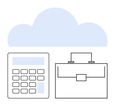 Hesap makinesi, evrak çantası ve dijital finans, organizasyon ve hareketliliği sembolize eden bulut. Bulut hesaplama, finansal planlama, iş araçları, verimlilik veri güvenliği organizasyonu için ideal