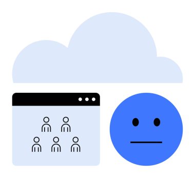 Tarafsız bir yüzün yanında basitleştirilmiş insan simgeleriyle kullanıcı arayüzü üzerinde bulut simgesi. Bulut hesaplama, takım çalışması, veri paylaşımı, ağ paylaşımı, duygular, teknoloji, soyut çizgi düz metaforu için ideal