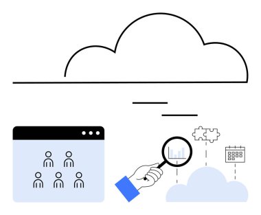 Arayüzlü bulut, büyüteç, analitik grafik, insan simgeleri, bulmaca parçaları, takvim. Takım çalışması, bulut hizmetleri, proje yönetimi veri analizi ve uzak çalışma teknikleri için ideal