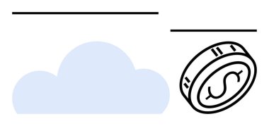Üzerinde dolar işareti olan siyah ve beyaz bir madeni paranın yanında mavi bulut simgesi. Finansal teknoloji, dijital para birimi, bulut hizmetleri, ekonomik büyüme, çevrimiçi işlemler, yatırım stratejileri için ideal