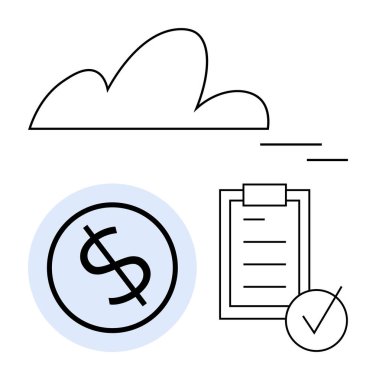Asgari bulut, dolar işareti ve işaretli kontrol listesi. Finans, bulut hizmetleri, üretkenlik, dijital ekonomi, e-iş, çevrimiçi yönetim soyut çizgisi düz metaforu için ideal