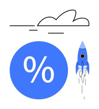 Mavi roket büyük bir yüzdelik sembol ve bulutun yakınından kalkıyor, ilerleme, başarı ve yukarı doğru momentum iletiyor. İş büyümesi için ideal, finansal başarı, başlangıç başlangıcı, yenilik