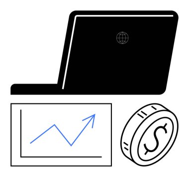Küresel ikonu olan dizüstü bilgisayar, yükselen büyüme tablosu ve dolar işaretli para maddi kazancı, teknolojiyi, analitiği ve dijital ekonomiyi sembolize ediyor. E-ticaret, fintech ve yatırımlar için ideal.