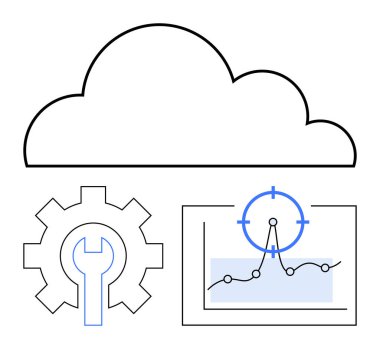 Bulut çizgisi, veri noktaları olan çizelge, hedef simge, anahtar teçhizat. Bulut depolama, veri analizi, bilişim hizmetleri, teknolojik çözümler, yenilik, optimizasyon soyut çizgi düz metaforu için ideal