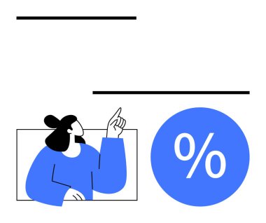 Kadın, beyaz zemin ve büyük mavi yüzde sembolünü işaret ediyor. Mali analiz, iş büyümesi, çevrimiçi pazarlama, veri görselleştirme, eğitim içeriği, araştırma için ideal