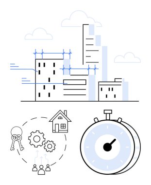 İnşaat halindeki gökdelenler, takım çalışması, anahtarlar, ev ve kronometre proje yönetimini gösteriyor. Gayrimenkul, mimari, kentsel planlama, teslim tarihleri, takım çalışması verimliliği için ideal