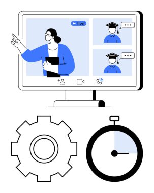 Eğitmen, mezuniyet şapkalı öğrencilerle monitörde canlı yayında ders veriyor. Dişli ve kronometre öğrenme araçlarını vurgular, zaman yönetimi, verimlilik. E- öğrenim, öğretim, verimlilik ve planlama için ideal