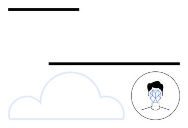 Bulut ve insan yüzünün minimalist ana hatlarıyla dijital tanıma sistemi örtüşüyor. Yapay zeka teknolojisi, biyometri, bulut depolama, siber güvenlik, yenilik, kimlik doğrulama, soyut düz metafor için ideal.