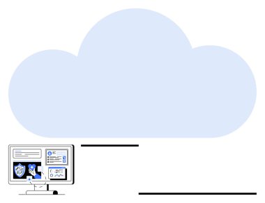Güvenlik kalkanlarını, veri analizlerini ve sistem monitörlerini gösteren bir bilgisayarın üstündeki büyük mavi bulut. Bulut teknolojisi, güvenlik, veri depolama, bilişim çözümleri, siber güvenlik, çevrimiçi mahremiyet için ideal