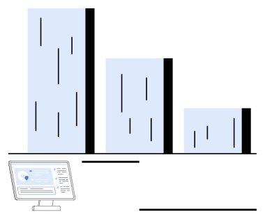 Değişen yüksekliklerin dikey çubukları, minimum çizgiler, analitik verileri gösteren bilgisayar ekranı. Ticari büyüme, pazar eğilimleri, raporlar, teknoloji, dijital araçlar, istatistikler, soyut çizgi için ideal