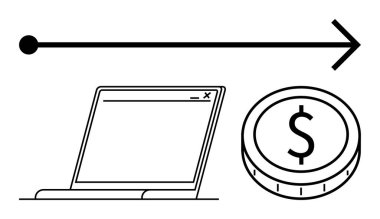 İnternet tarayıcılı dizüstü bilgisayar, ileri doğru hareket eden ok ve fintech büyümesini, e-ticareti, dijital ekonomiyi sembolize eden dolar para. Teknoloji, finans, girişimler ve ilerleme hedefleri için ideal