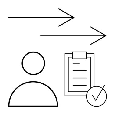 Siyah çizgi sanatı, kullanıcı simgesi, metin satırlı pano ve bir kontrol listesi. Görev yönetimi, süreç akışı, kullanıcı iş akışı, organizasyon, değerlendirme planlama soyut çizgisi için ideal