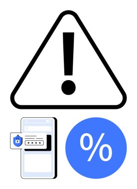 Ünlem işaretli uyarı işareti, akıllı telefon asma kilitli güvenlik alarmı ve mavi yüzde işareti gösteriyor. Siber güvenlik, alarmlar, risk yönetimi, veri koruması için ideal