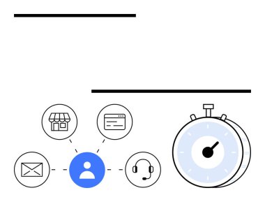 E- posta, mağaza önü, tarayıcı sayfası, kulaklık, bağlantı noktaları için kullanıcı profili linkleri. Stopwatch aciliyeti vurguluyor. İş, verimlilik, müşteri hizmetleri teknoloji sistemleri için ideal