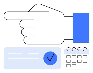 Sağ eli gösteren, mavi kollu, siyah çizgili, işaret eden jest, tarihli takvim ve tamamlanmış kontrol listesi. Organizasyon, takvim ve verimlilik için idealdir.
