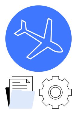 Dosyanın, belgelerin ve teçhizatın üzerinde mavi daire şeklinde bir uçak. Havacılık, lojistik, seyahat planlaması, mühendislik, iş süreçleri, iş akışı optimizasyonu, soyut çizgi düz metaforu için ideal