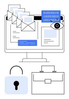E- postalar, ikili kod, bir göz sembolü, kilit, evrak çantası ve bilgisayar monitörü çevrimiçi gizlilik, dijital güvenlik ve veri korumasını vurguluyor. Teknoloji güvenliği için ideal siber suç veri güvenliği