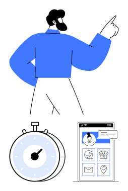 Mavi gömlekli adam işaret ediyor, kronometre takibi ilerliyor, akıllı telefon uygulama arayüzü gösteriyor. Zaman yönetimi, üretkenlik, teknoloji, hedef planlama, verimlilik, son teslim tarihleri için ideal