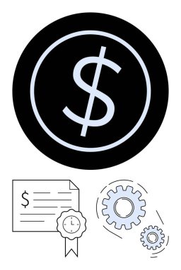 Çemberdeki belirgin dolar işareti finans sertifikasını temsil ediyor. Kurdeleyle birlikte başarıyı sembolize ediyor. Birbirine bağlı vitesler verimliliği gösteriyor. Finans, iş büyümesi ve başarı için ideal