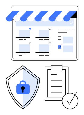 Tenteli, kalkanı ve kilidi olan dijital mağaza önü, işaretli kontrol listesi. E-ticaret, siber güvenlik, alışveriş güvenliği, çevrimiçi güven, güvenli işlemler, risk uyumluluğu soyut
