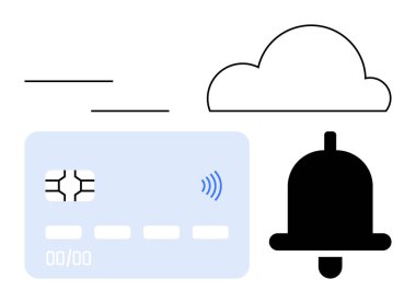 Cipsli kredi kartı ve kablosuz ödeme ikonu bulut ve uyarı zilinin yanında. Çevrimiçi işlemler, fintech, alarmlar, e-ticaret, güvenlik, bulut depolama, soyut düz metafor için ideal