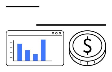 Madeni paranın yanındaki dijital ekranda, finansal performansı ve büyümeyi vurgulayan bar grafiği. İş, ekonomi, yatırım, finans, analitik, kâr, zenginlik kavramları için idealdir. Soyut satır düzlüğü