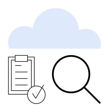 Kontrol listesi olan mavi bulut ve görev tamamlamayı sembolize eden kontrol işareti, veri incelemesi için büyüteç. Üretkenlik, veri depolama, analiz, bulut hizmetleri, organizasyon ve teknoloji için ideal