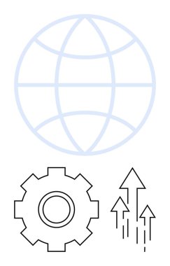 Dünya çapında erişimi temsil eden küre, teknolojiyi ve sistemleri sembolize eden dişli ve büyümeyi ve ilerlemeyi gösteren oklar. Küresel iş, yenilik, teknoloji, ağ oluşturma ve geliştirme için ideal